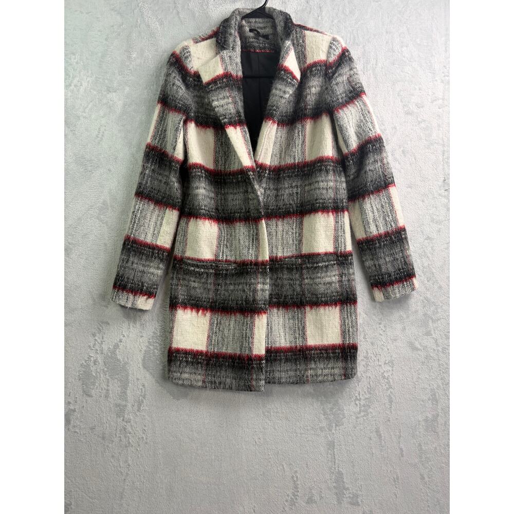 Joe's Jeans Alister Plaid Cream/Charcoal/Red Wool Blend Long Coat - Size XS - Picture 4 of 10